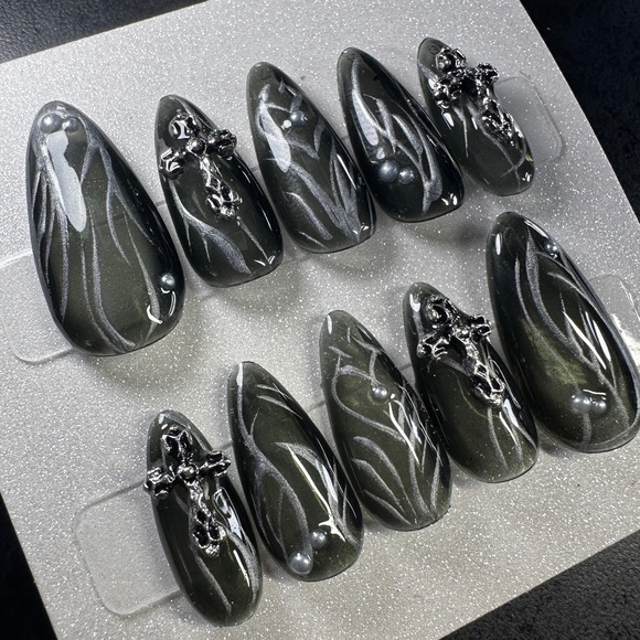 Medium almond sheer black and silver handmade press on nails with crosses - Picture 1 of 7
